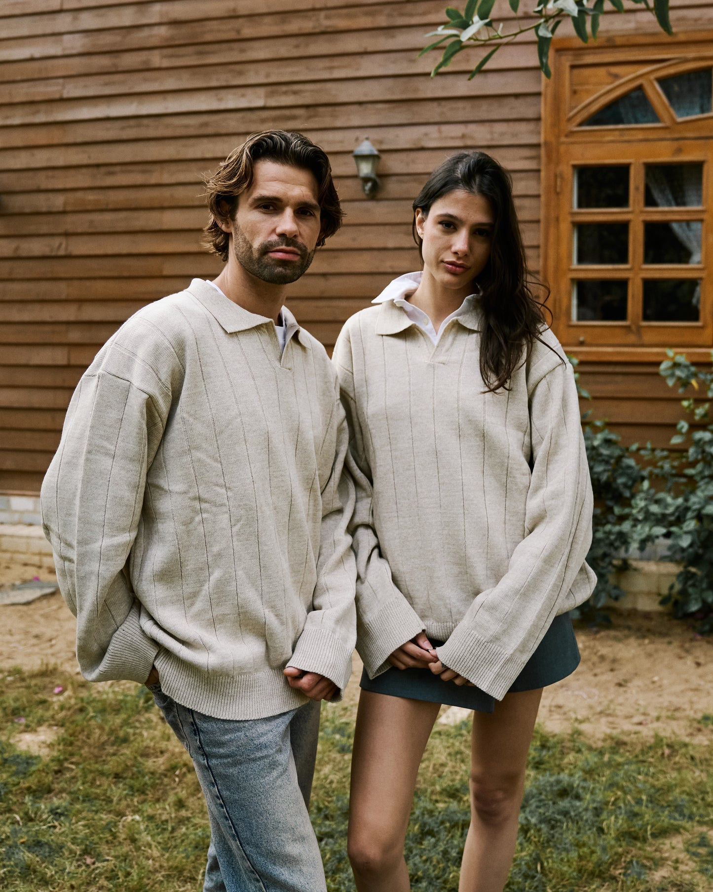 Beige Knitted Collar Sweatshirt