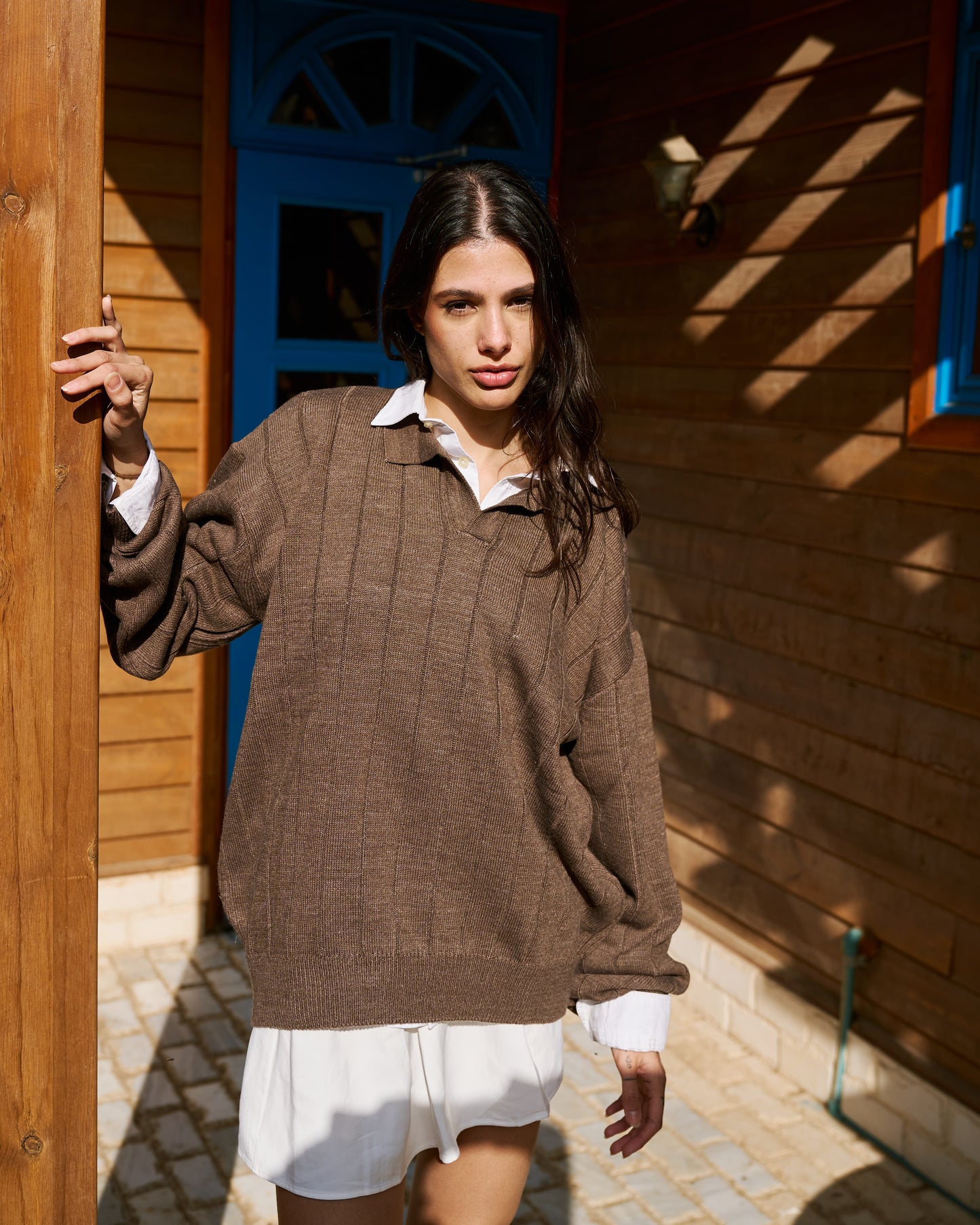 brown Knitted Collar Sweatshirt