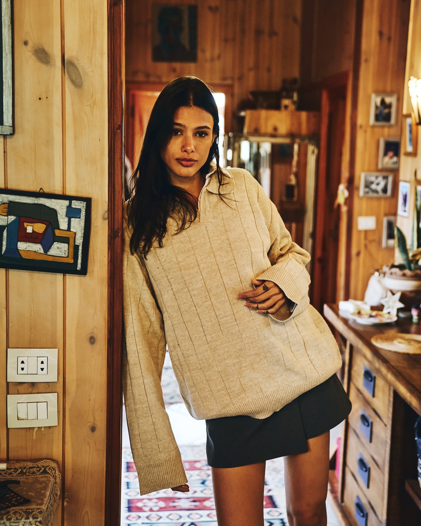 Beige Knitted Collar Sweatshirt