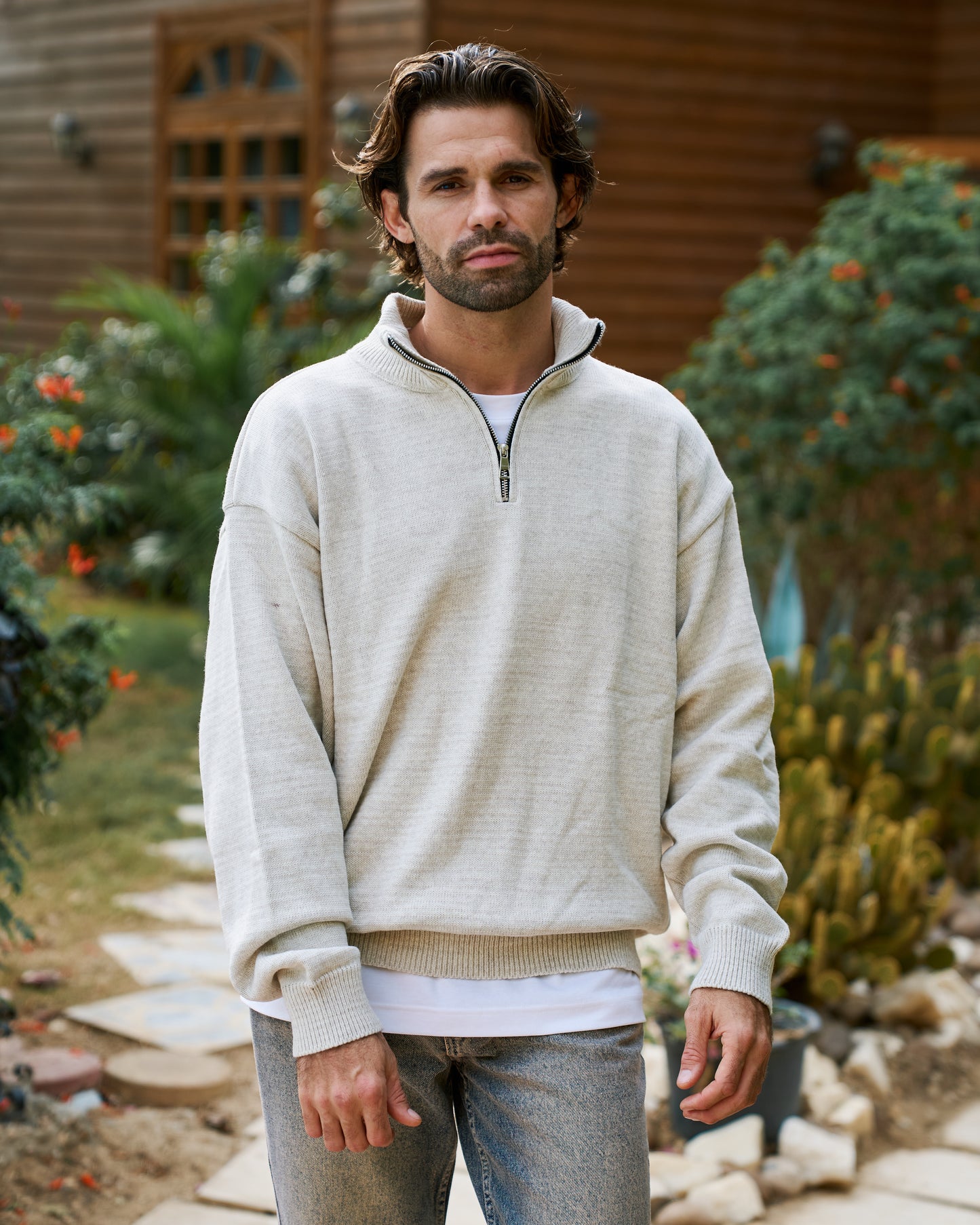 Beige Knitted Zip up Sweatshirt