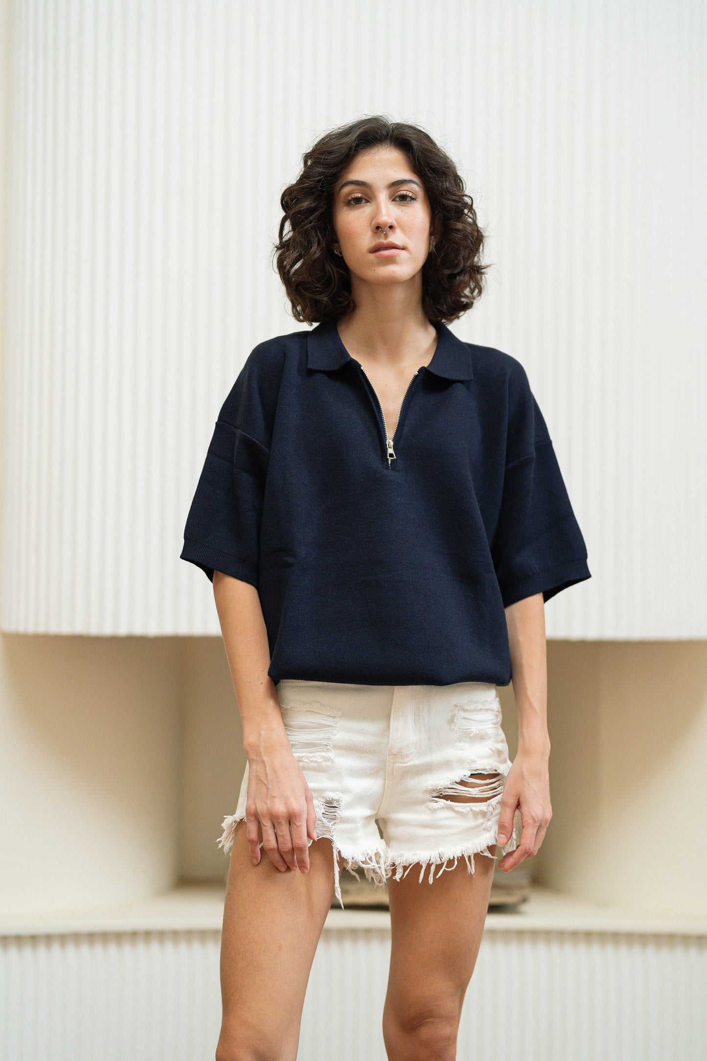 Navy Knitted Seamless Polo