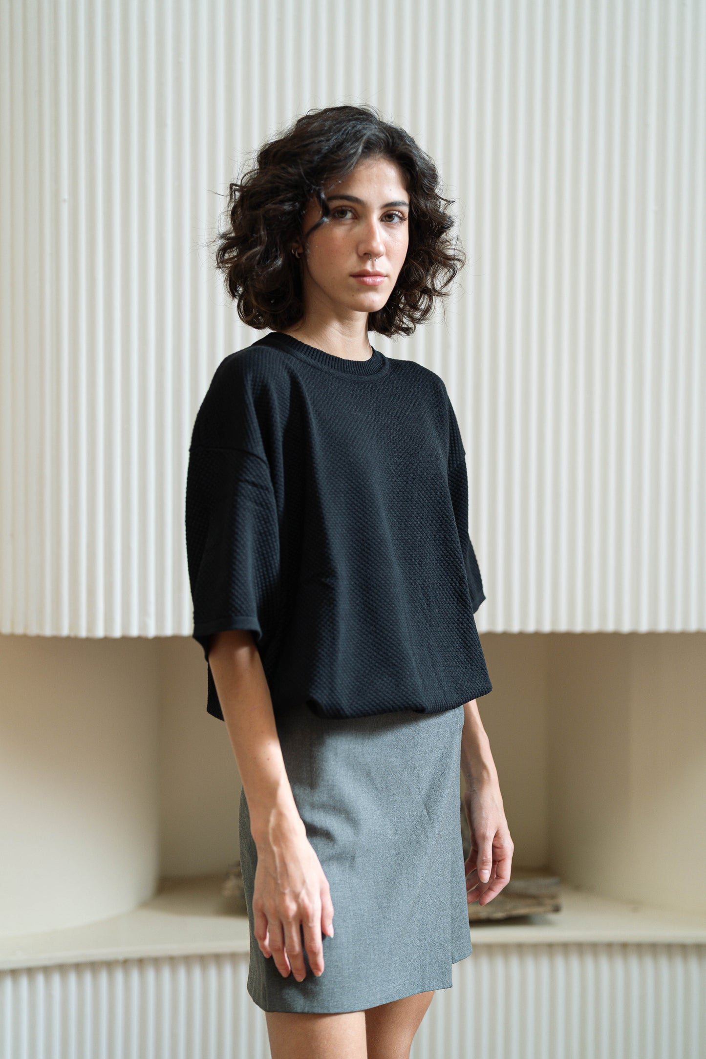 Black Knitted Round Tee