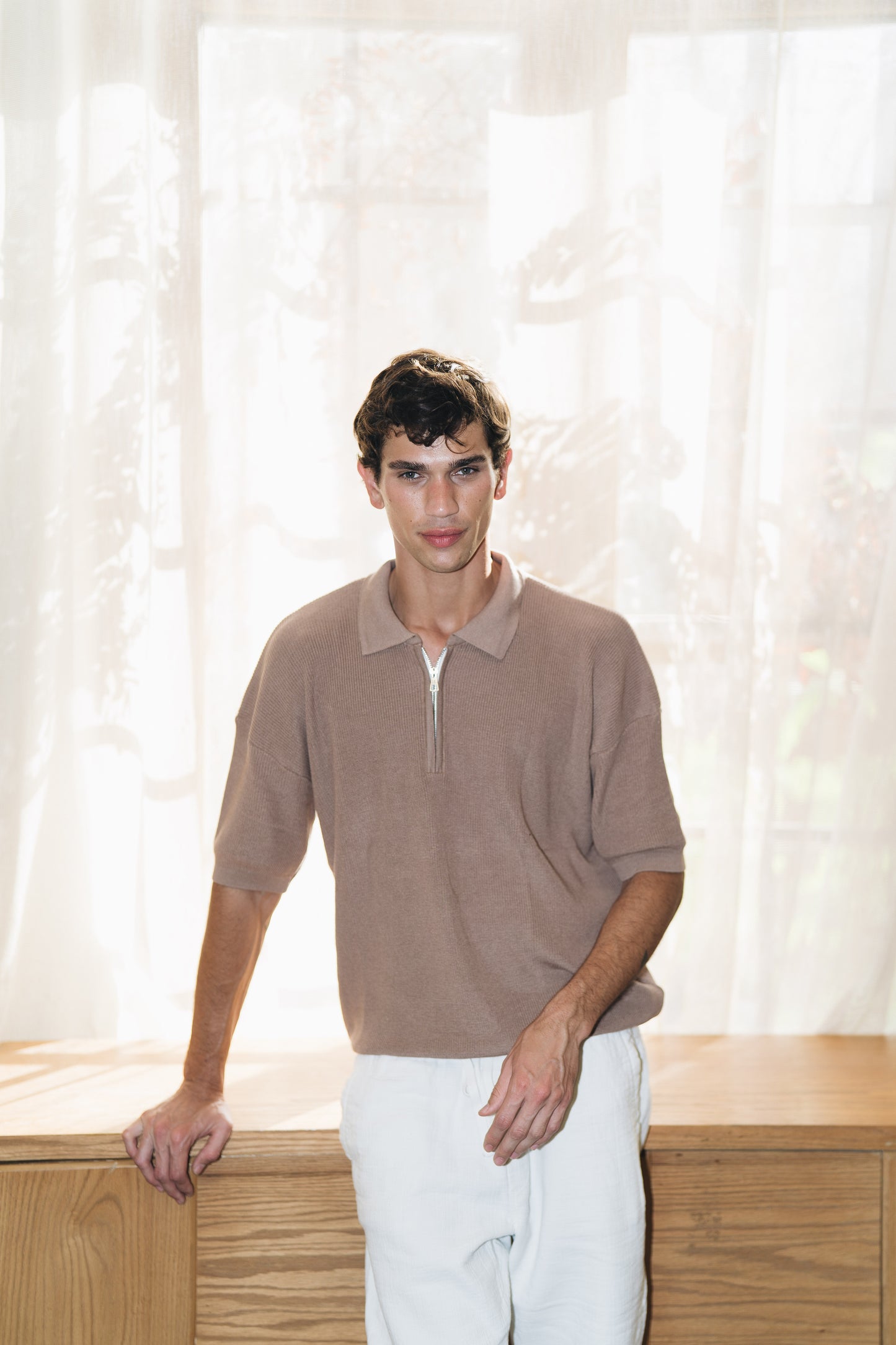 Brown Quarter Zip Rib Knitted Polo