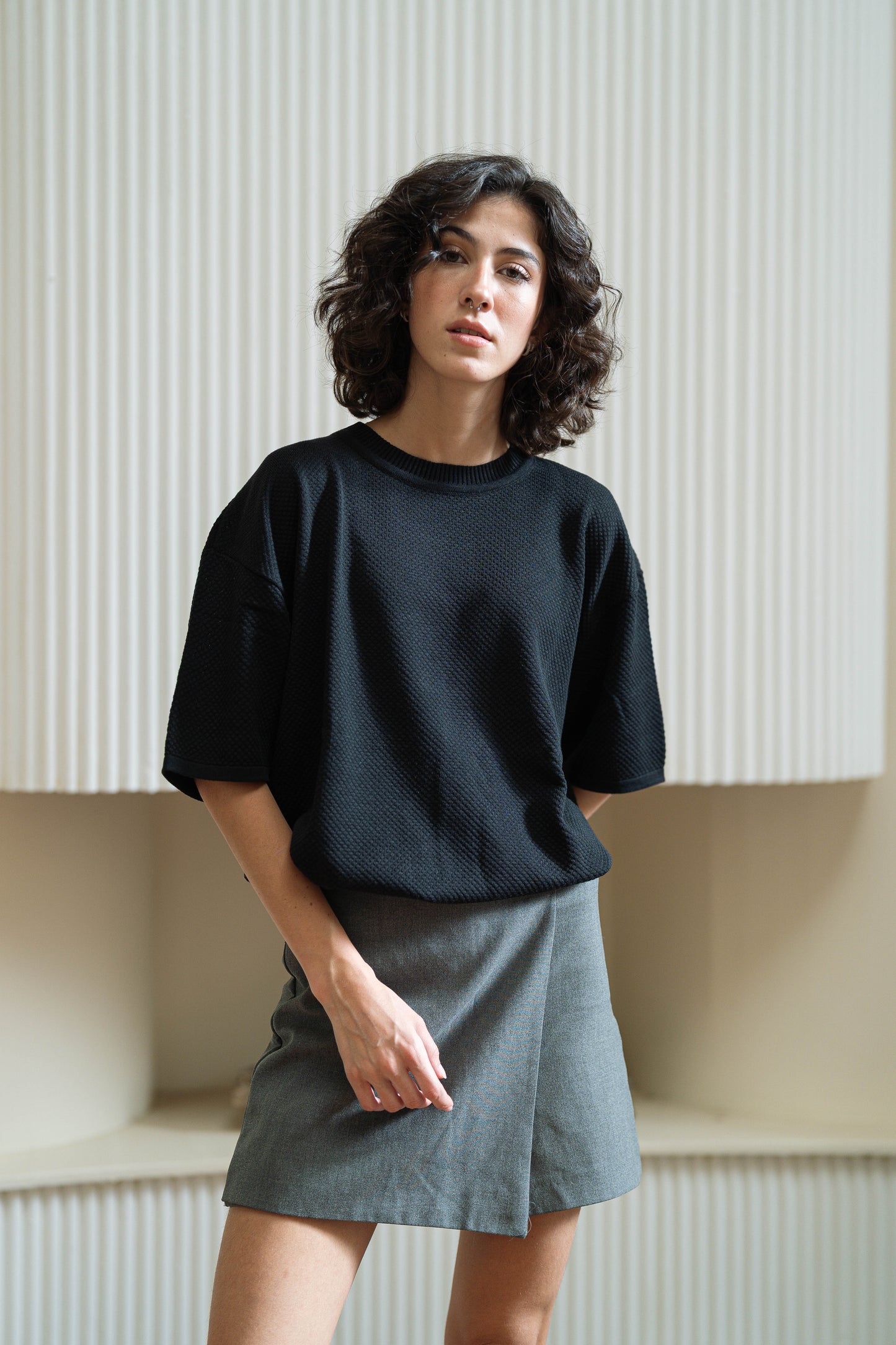 Black Knitted Round Tee