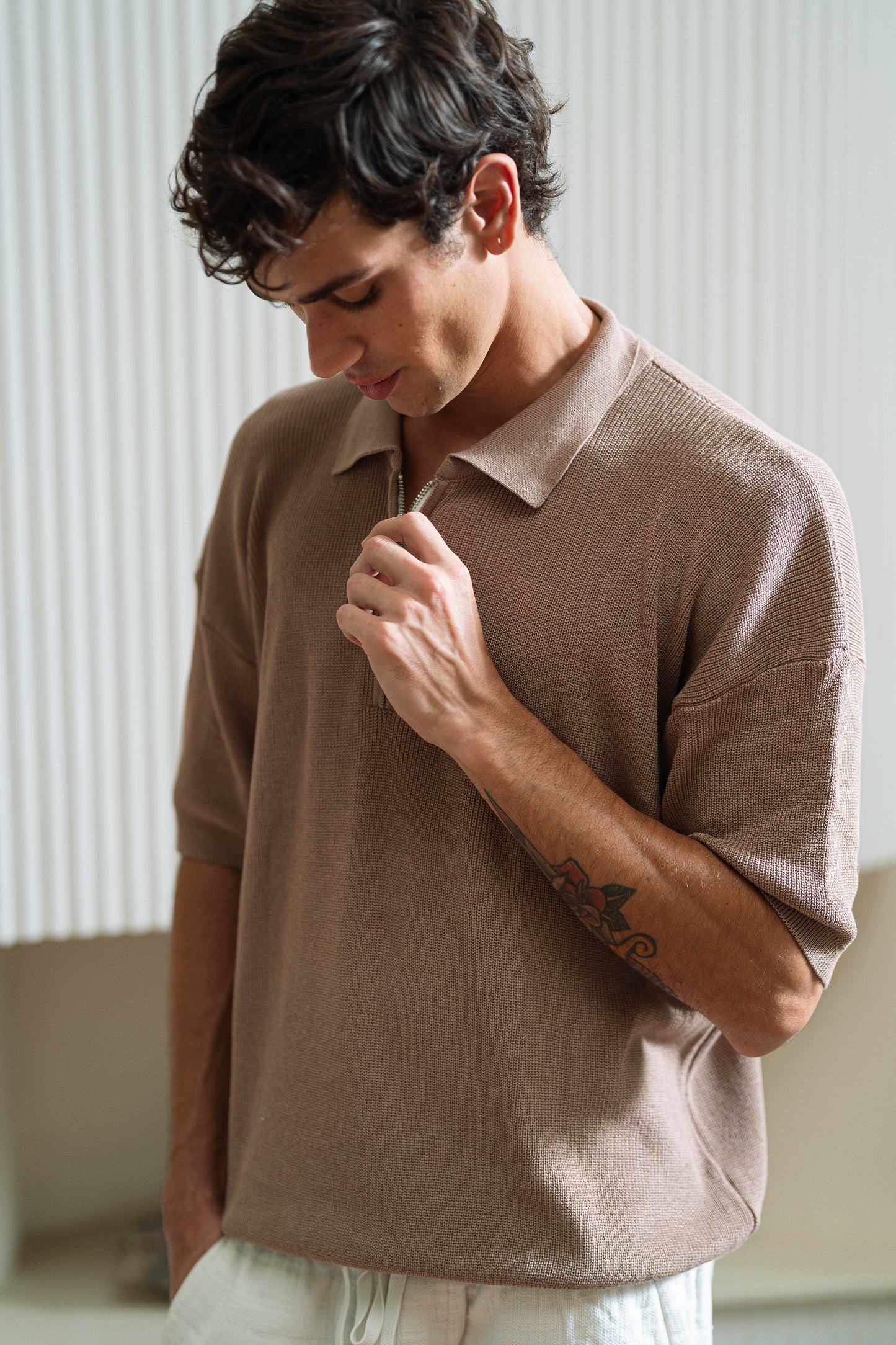 Brown Quarter Zip Rib Knitted Polo