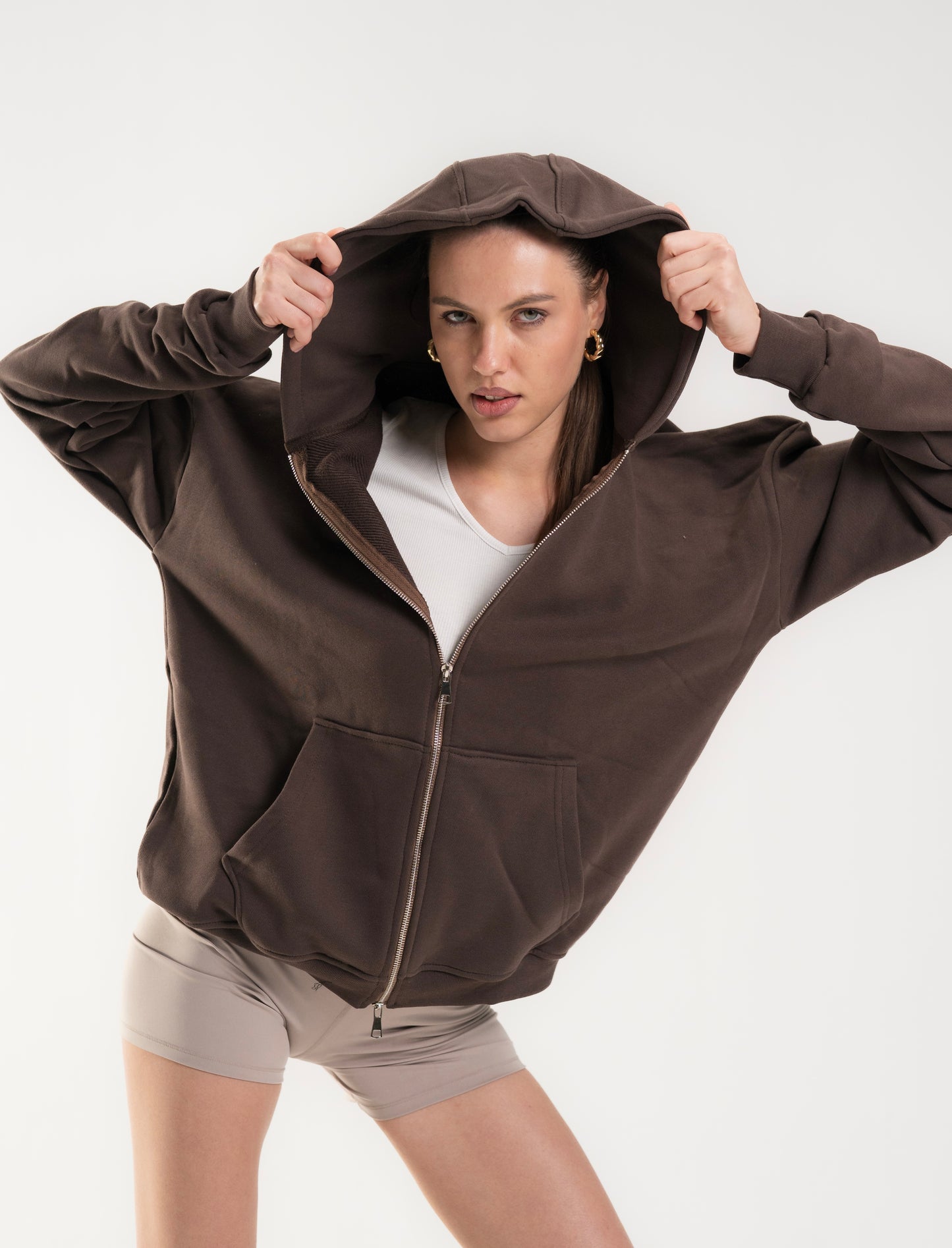 Brown French Terry Double zip-up Jacket.