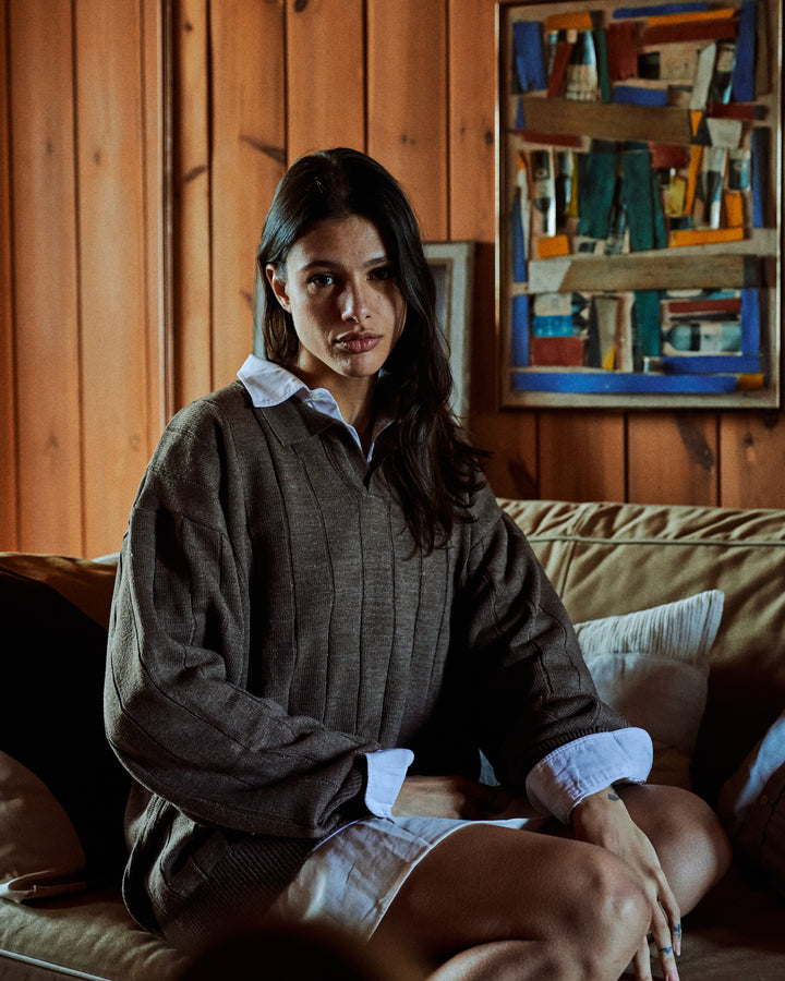 brown Knitted Collar Sweatshirt