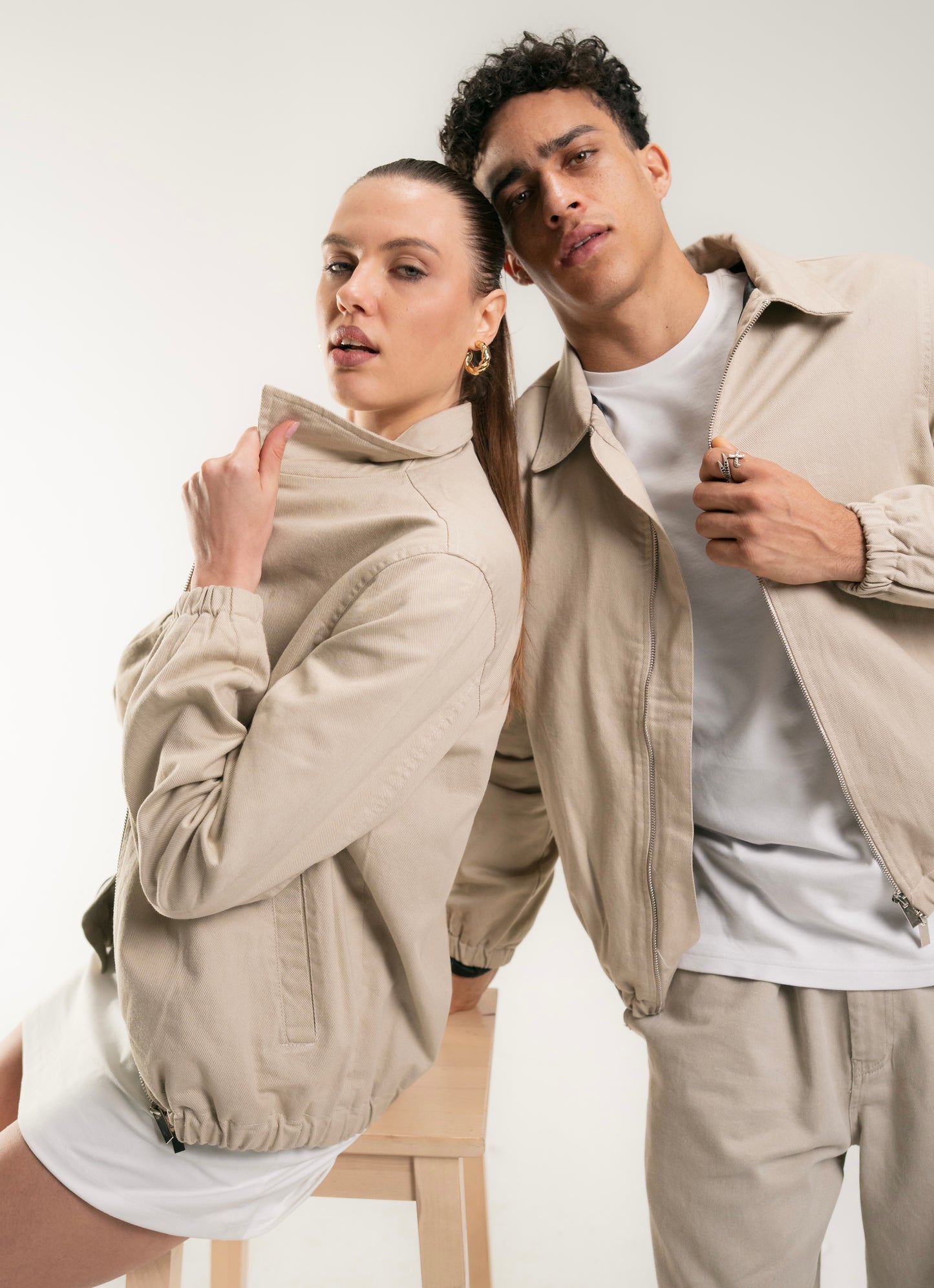 Beige Gabardine Double zip-up Jacket.