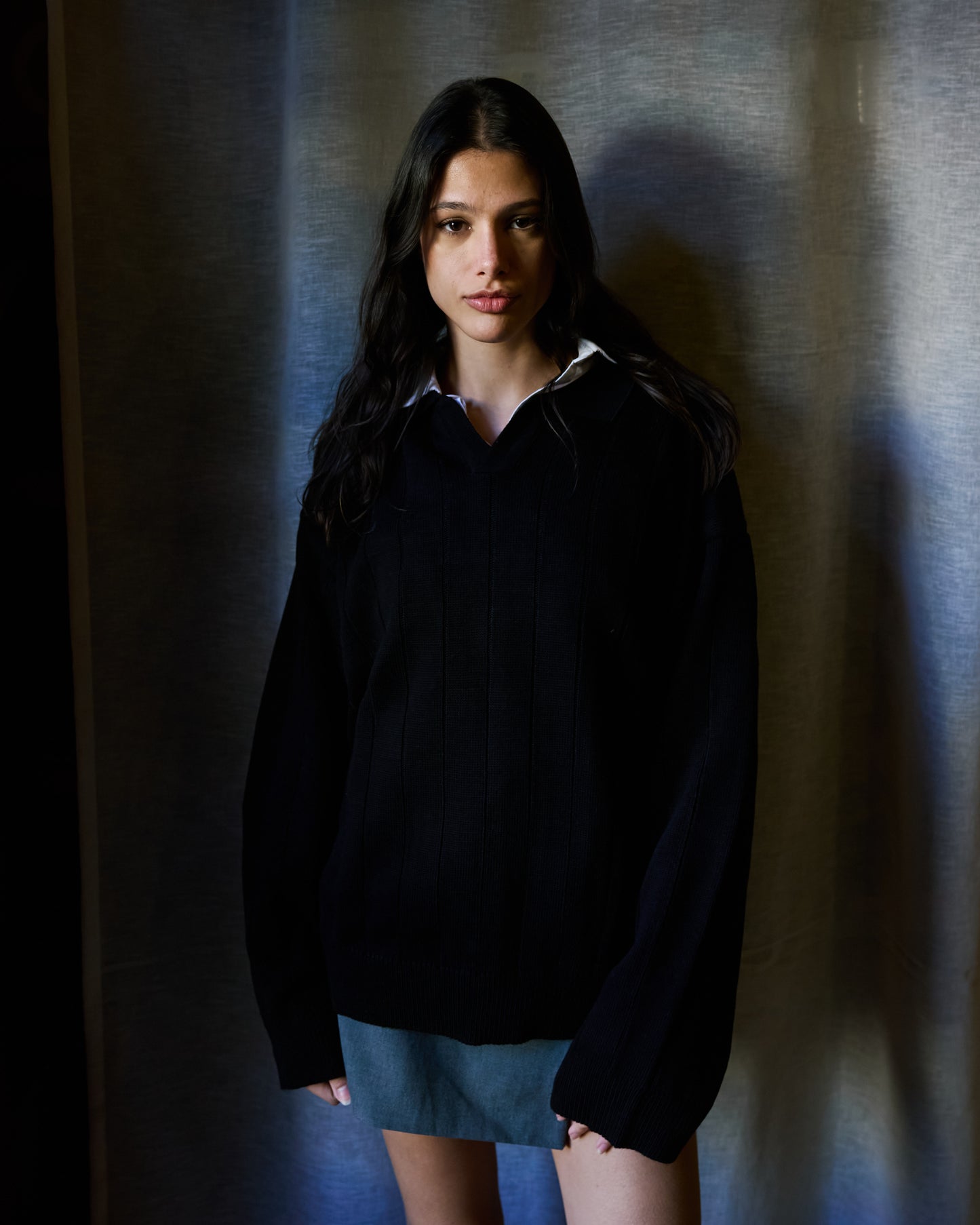 Black Knitted Collar Sweatshirt