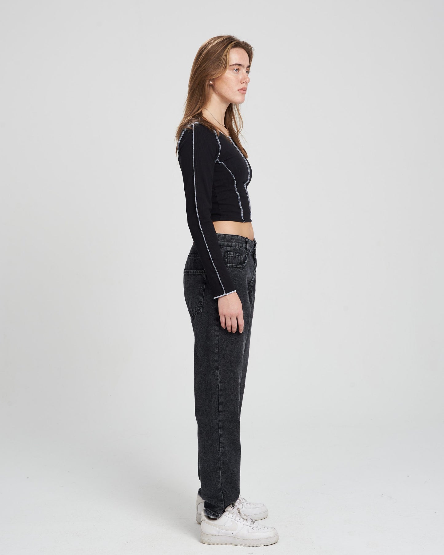 Black Long sleeves Stitched Crop Top