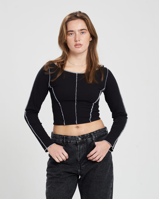 Black Long sleeves Stitched Crop Top