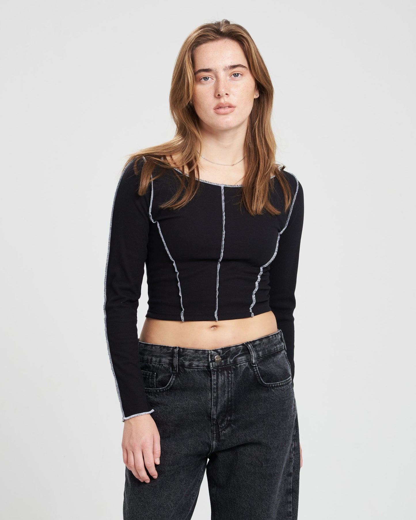 Black Long sleeves Stitched Crop Top