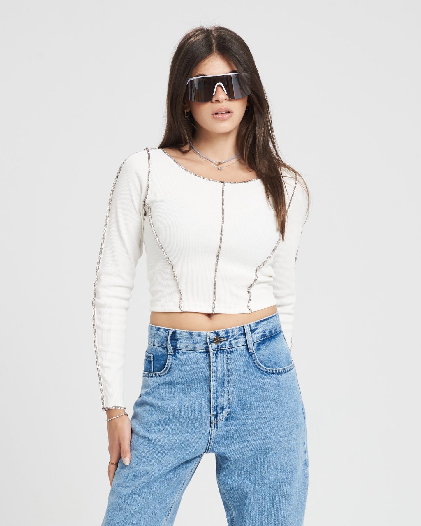 White Long sleeves Stitched Crop Top