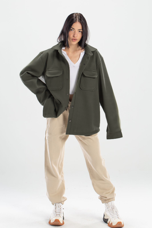 Olive oversized wool pocketed jacket