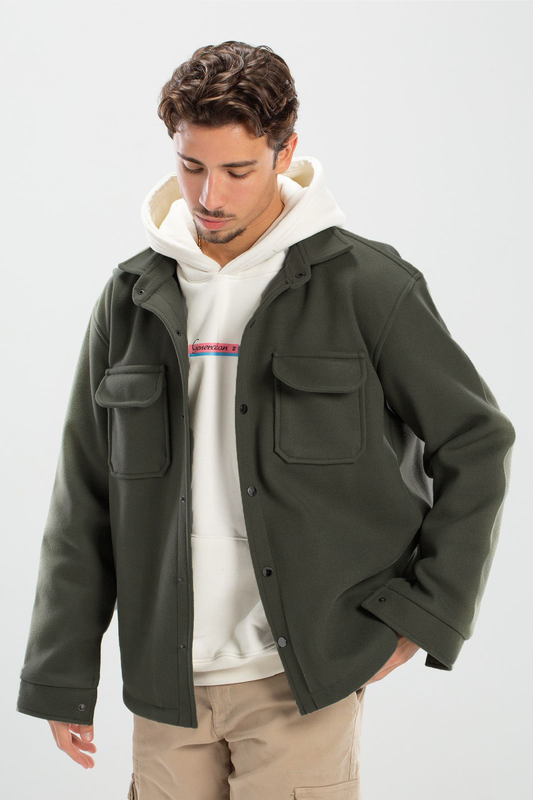 Olive oversized wool pocketed jackets