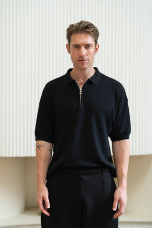 Black Quarter Zip Rib Knitted Polo