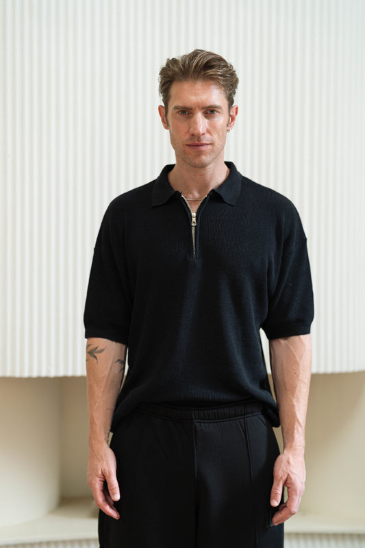Black Quarter Zip Rib Knitted Polo