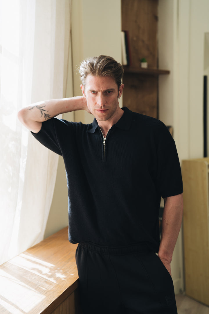 Black Quarter Zip Rib Knitted Polo
