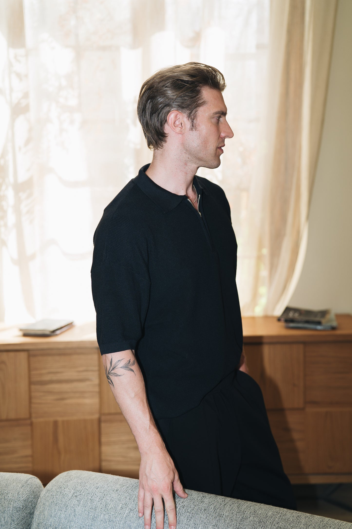 Black Quarter Zip Rib Knitted Polo