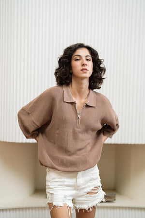 Brown Quarter Zip Rib Knitted Polo