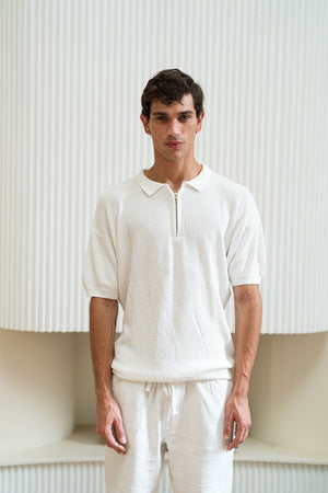 White Quarter Zip Rib Knitted Polo