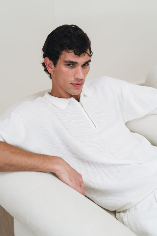 White Quarter Zip Rib Knitted Polo