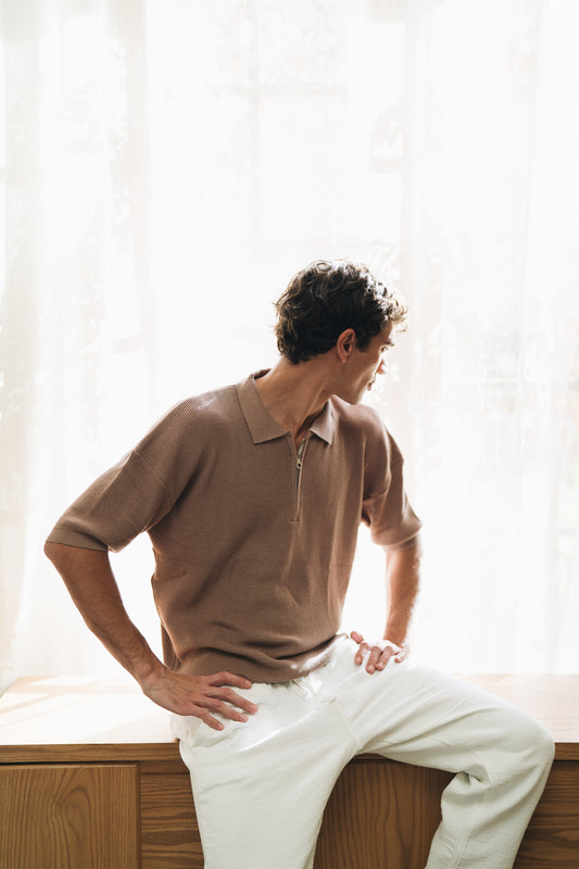 Brown Quarter Zip Rib Knitted Polo