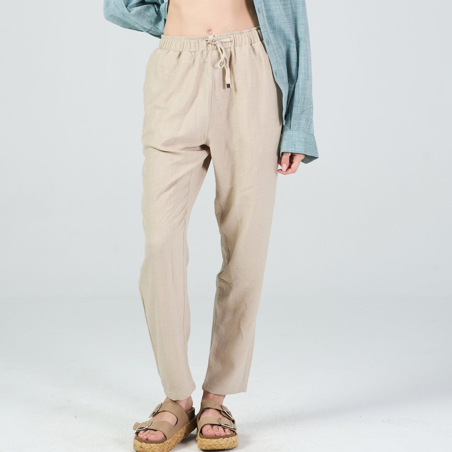 Beige Linen Regular Fit Pants