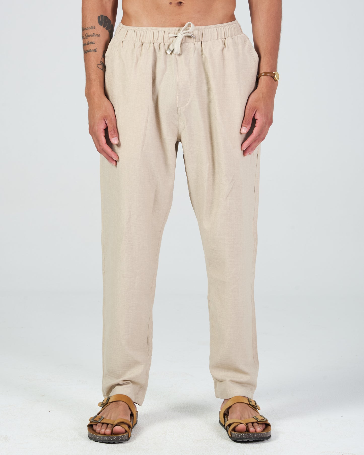 Beige Linen Regular Fit Pants