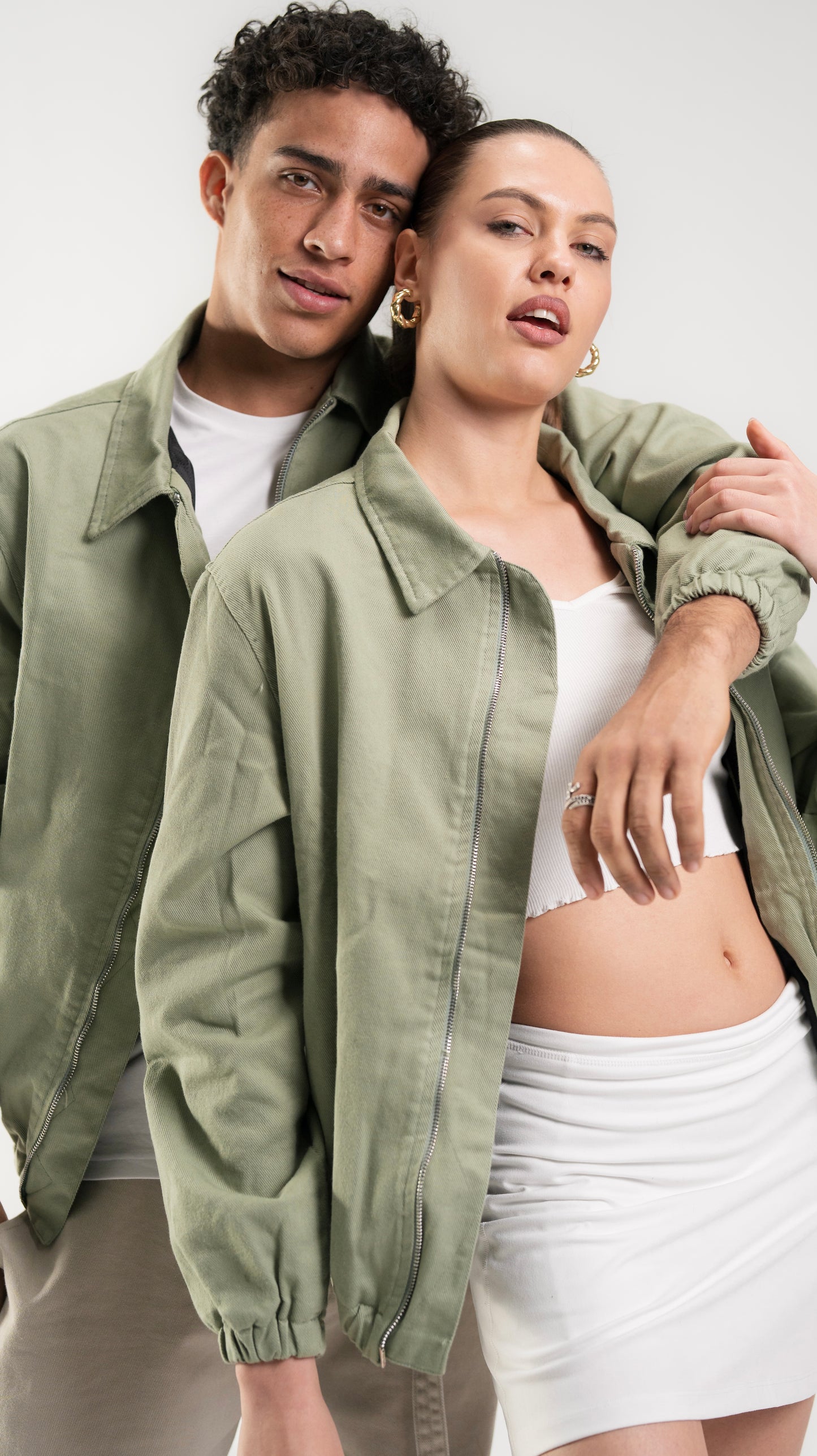 Olive Gabardine Double zip-up Jacket.