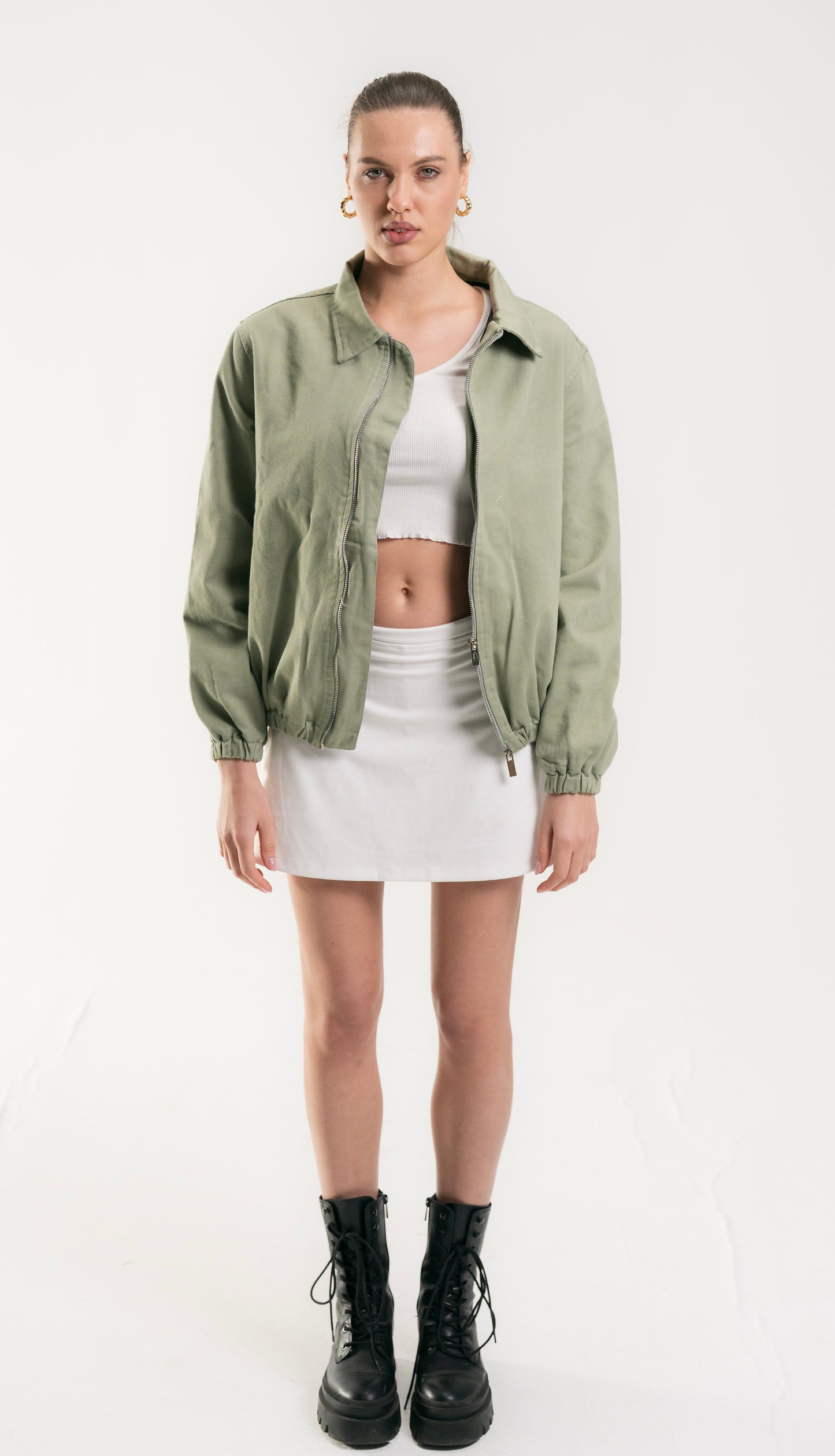 Olive Gabardine Double zip-up Jacket.