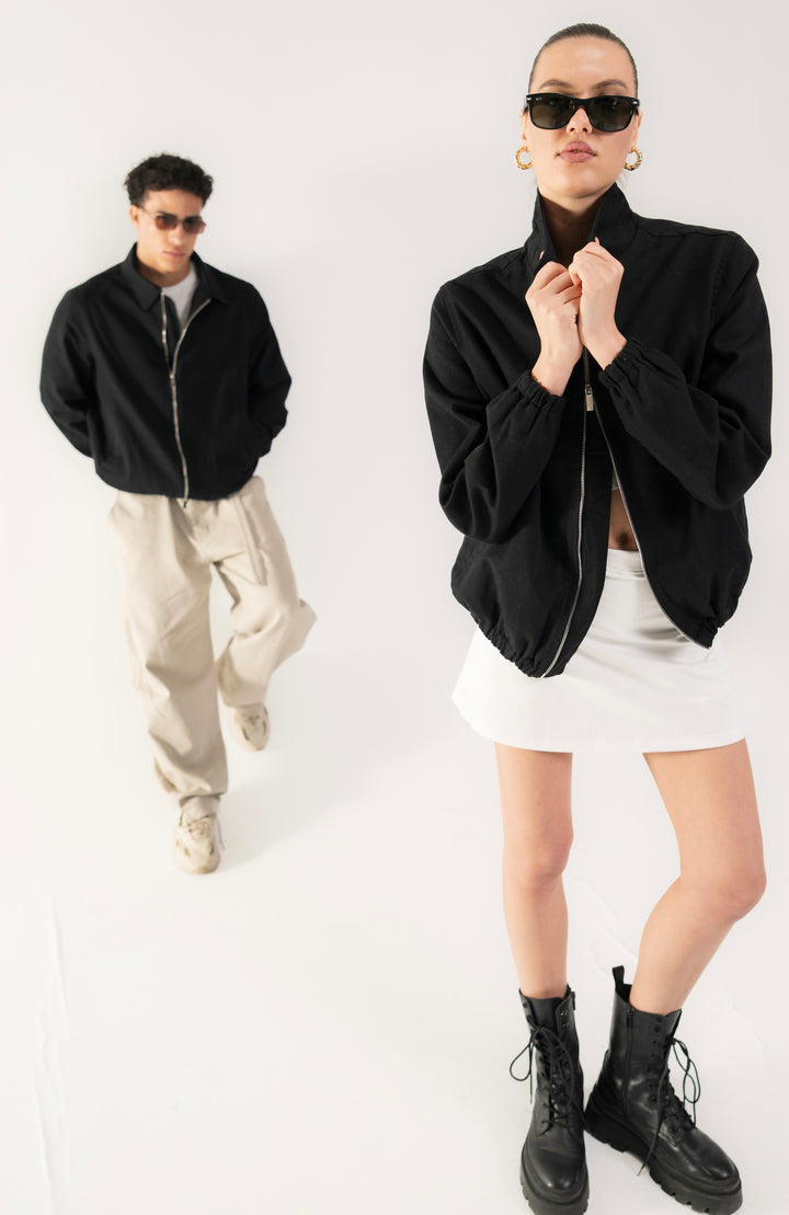 Black Gabardine Double zip-up Jacket.