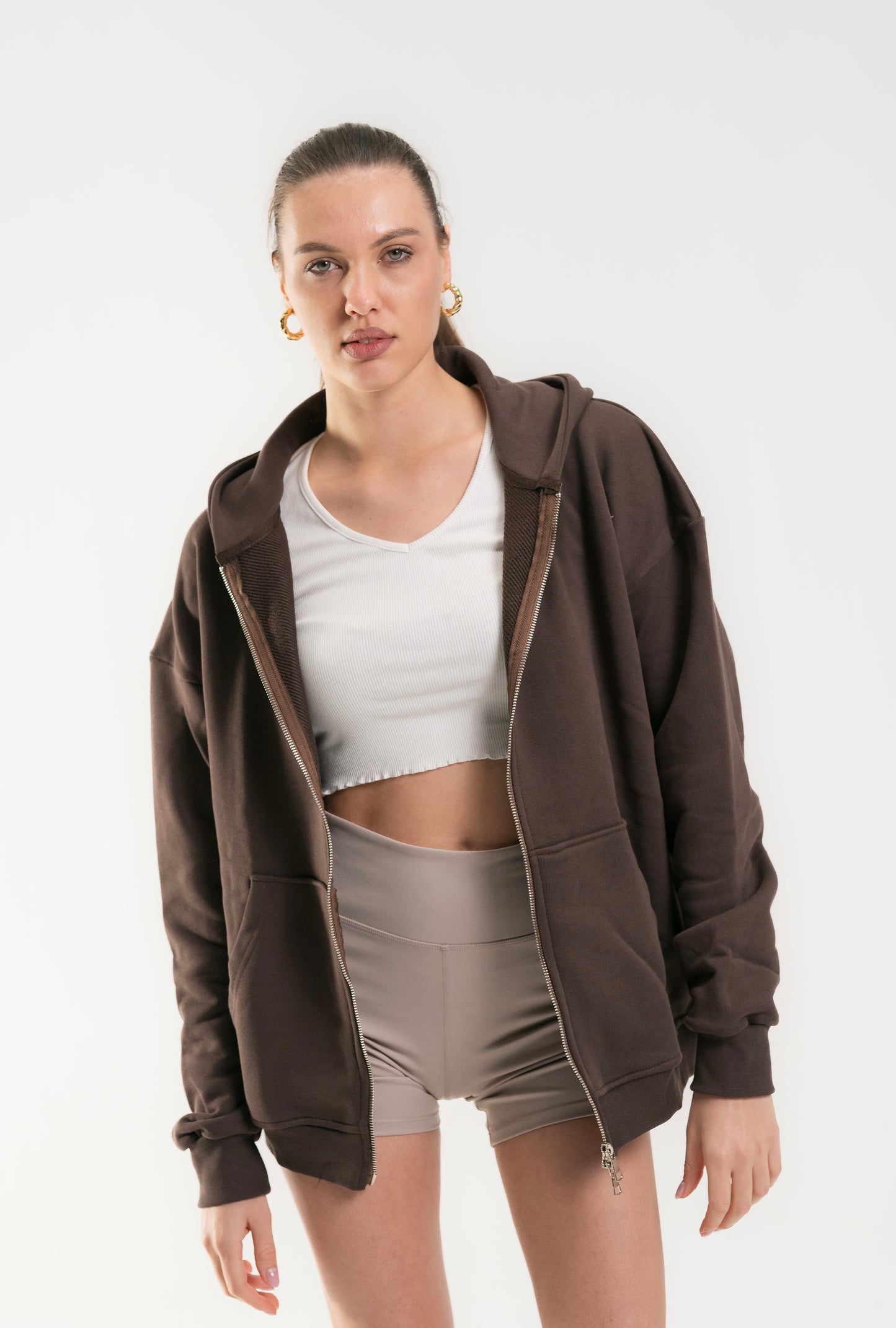 Brown French Terry Double zip-up Jacket.