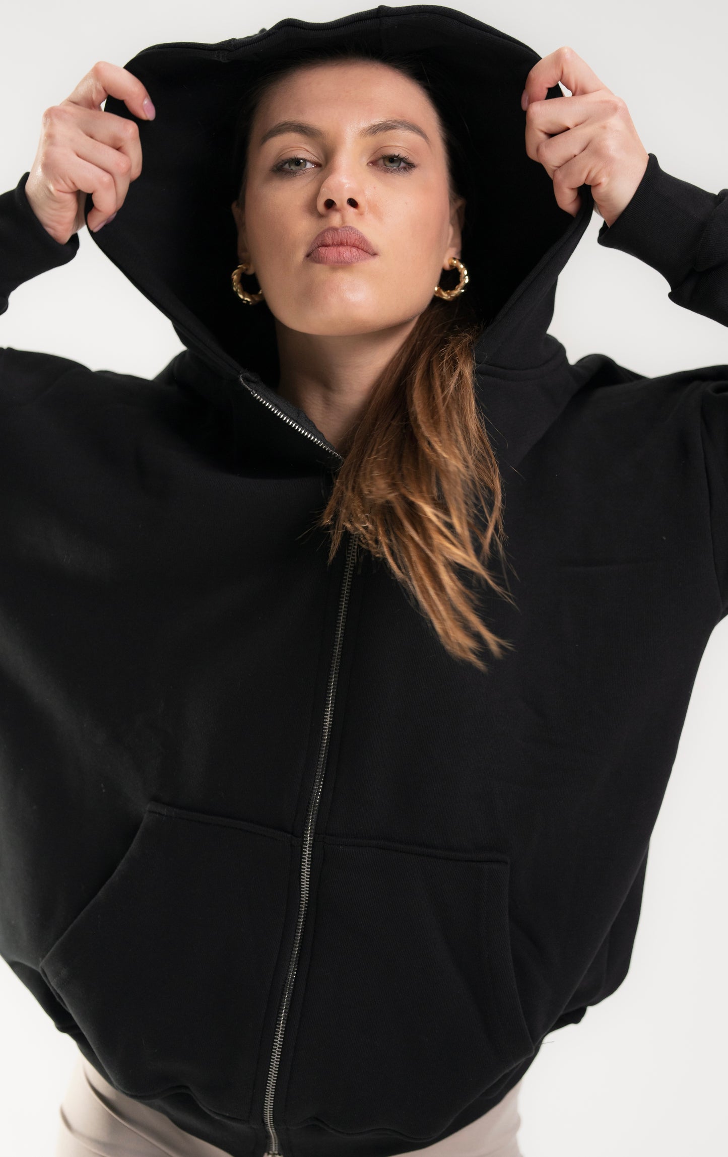 Black French Terry Double zip-up Jacket.