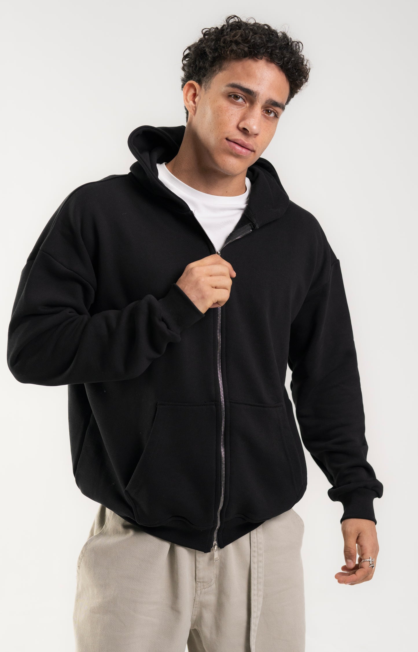 Black French Terry Double zip-up Jacket.