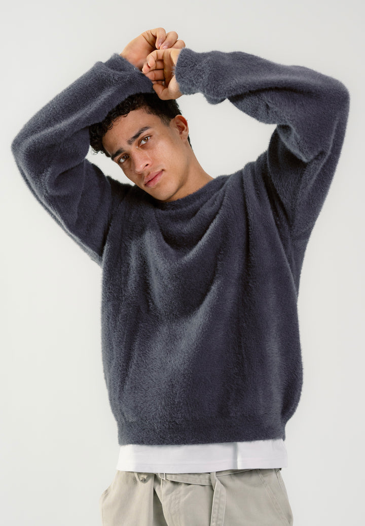 Dark Grey Mohair Knitted Basic Sweatshirt