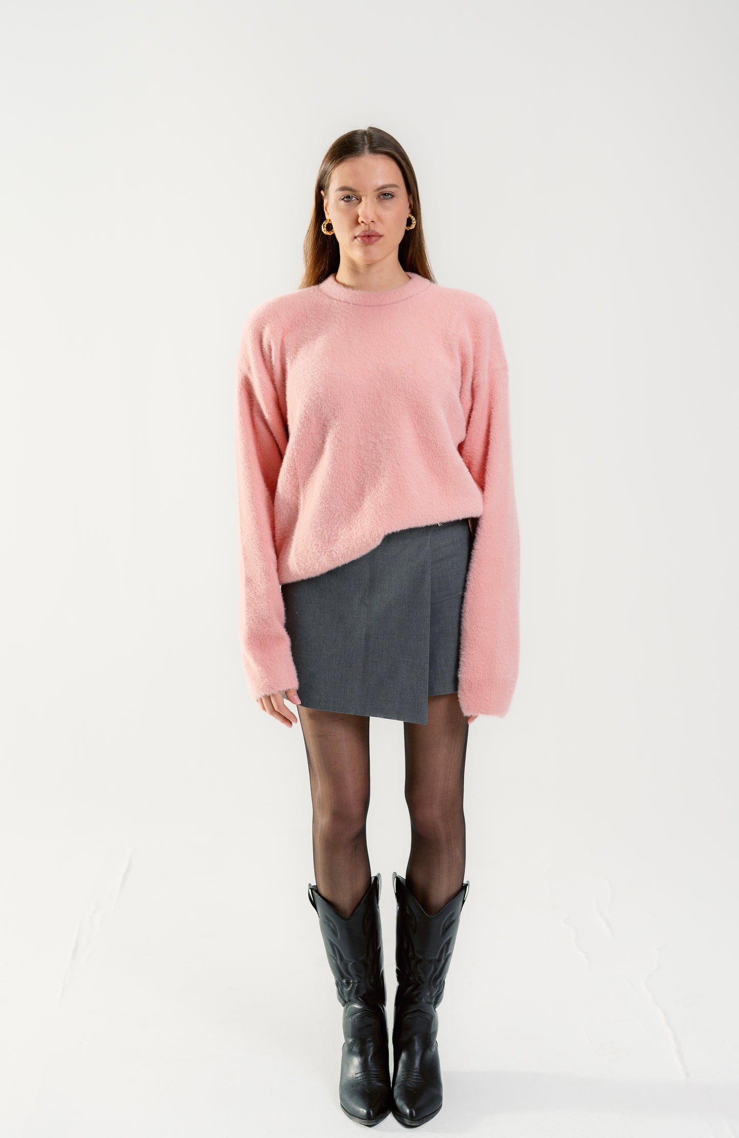Rose Pink Mohair Knitted Basic Sweatshirt