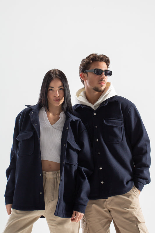 Dark blue oversized wool pocketed jackets