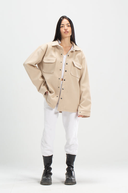 Beige oversized pocketed wool jacket