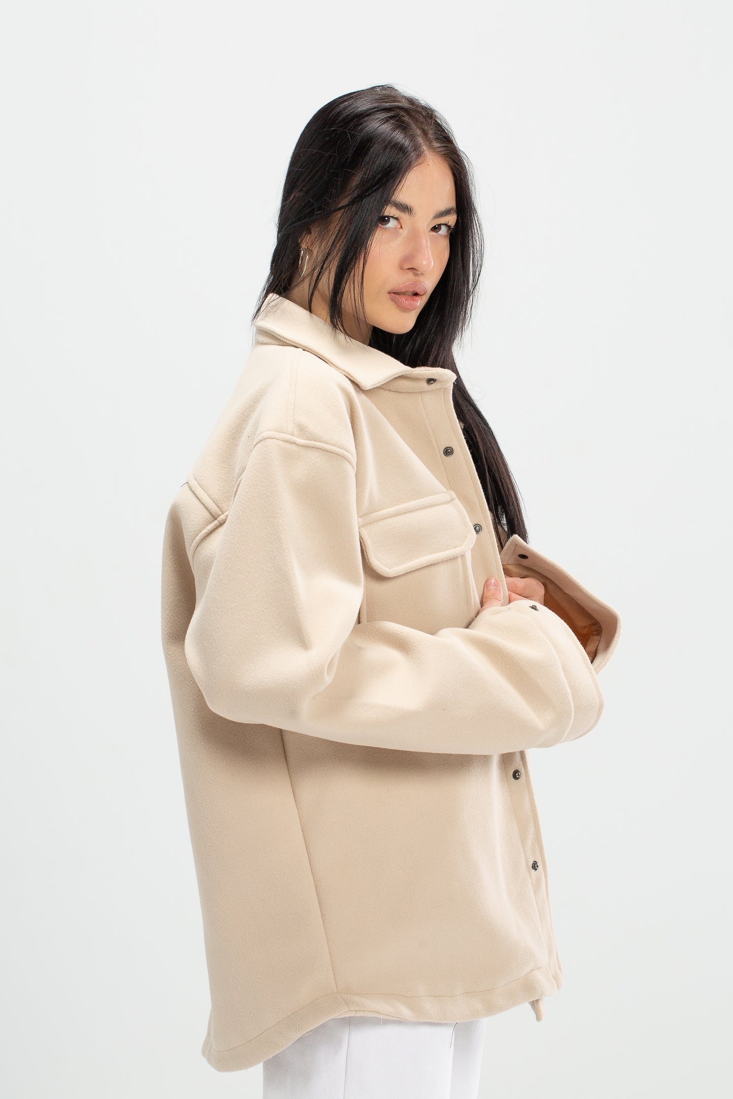 Beige oversized pocketed wool jacket