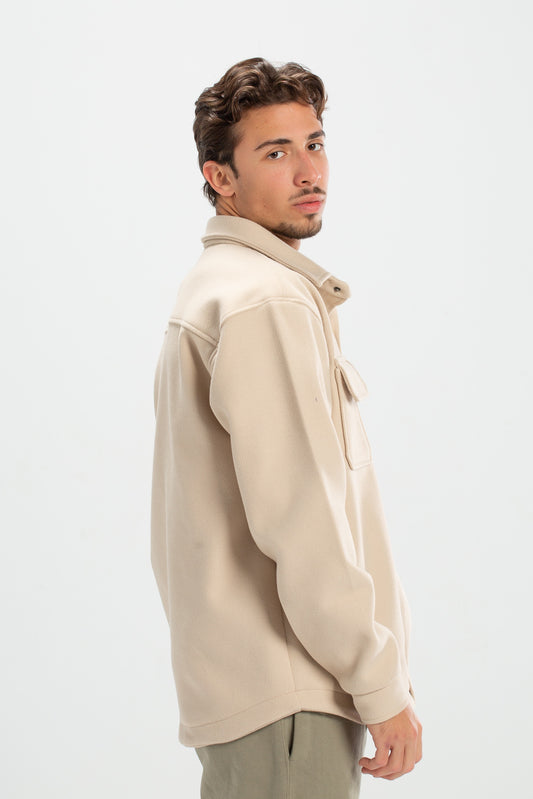 Beige oversized wool pocketed jacket